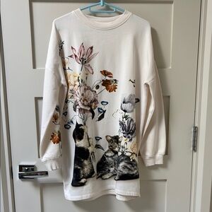 Cream Floral & Kitten Print Kids Sweatshirt Dress